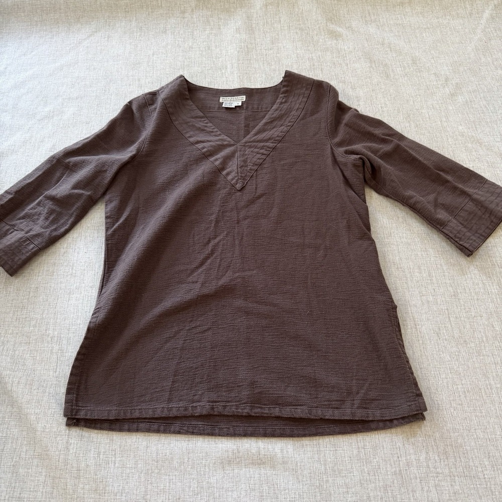 Royal Robbins Knit V-Neck 3/4 Sleeve Top Womens  Small Brown Cotton textured